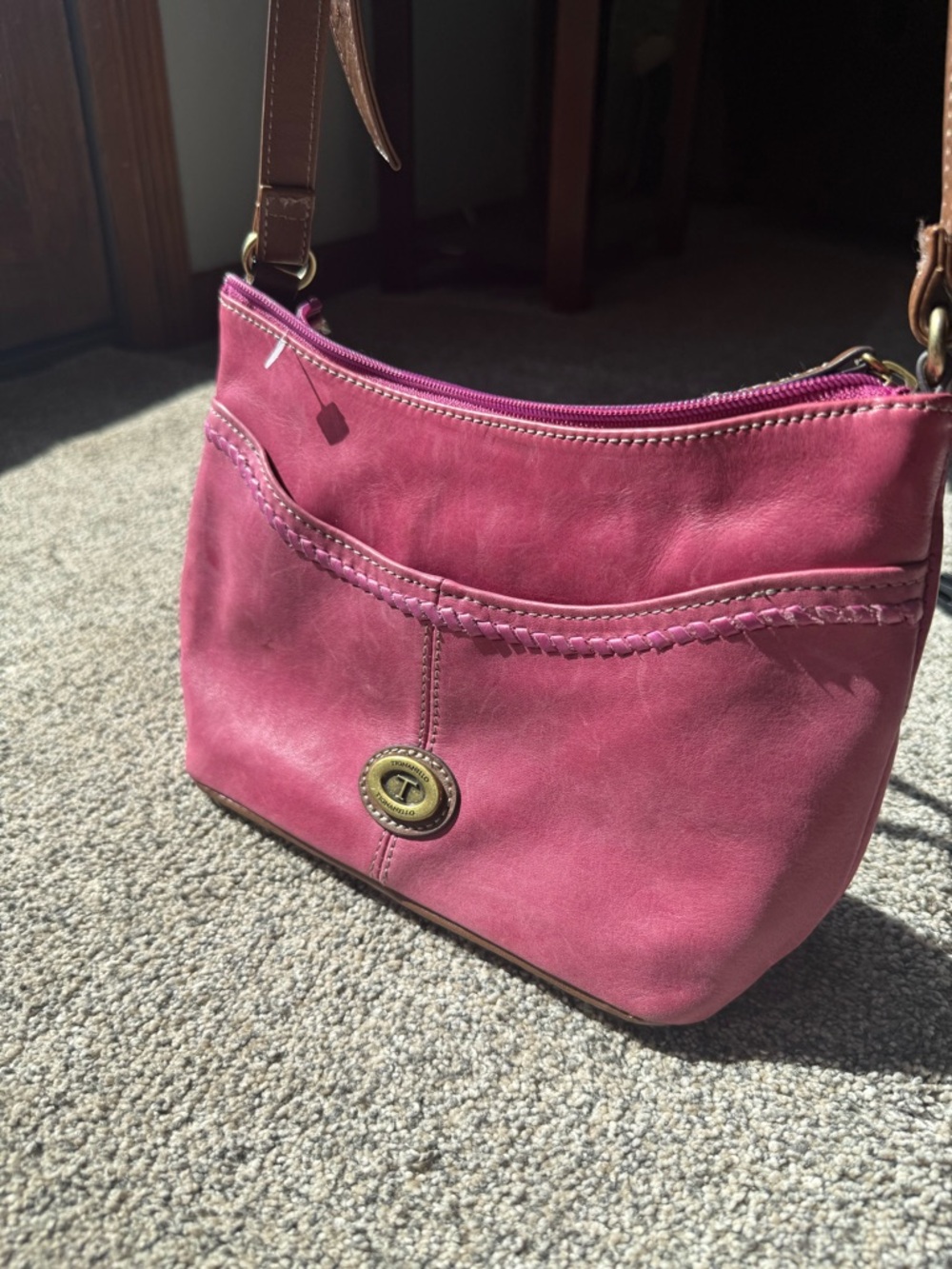 Tignanello Pink Leather Crossbody Bag with brown crossbody straps